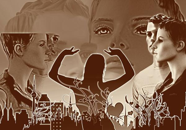 Sepia image of people along the top and buildings, vegetation and a heart along the bottom. Community