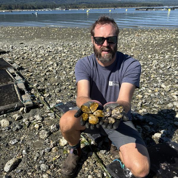Tim Green on beach with oysters